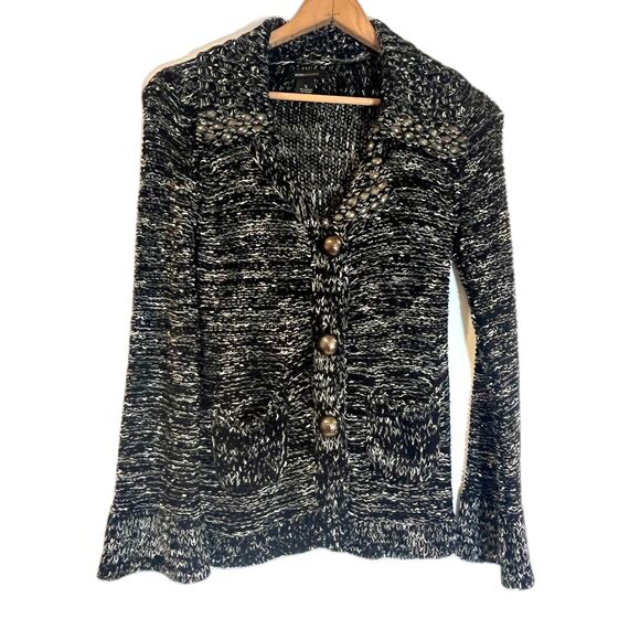 BCBGMAxazria Black White Chunky Knit Cardigan Y2k Sweater Small Beaded Collar - Picture 3 of 7